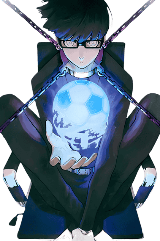 Is a picture of Ego Jinpachi sitting with a blue holographic ball