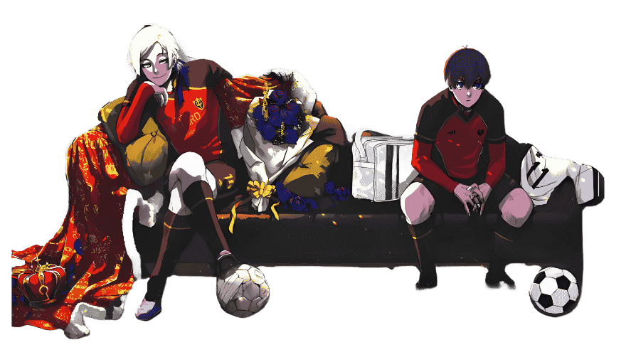 a picture of isagi and kaiser sitting on a couch